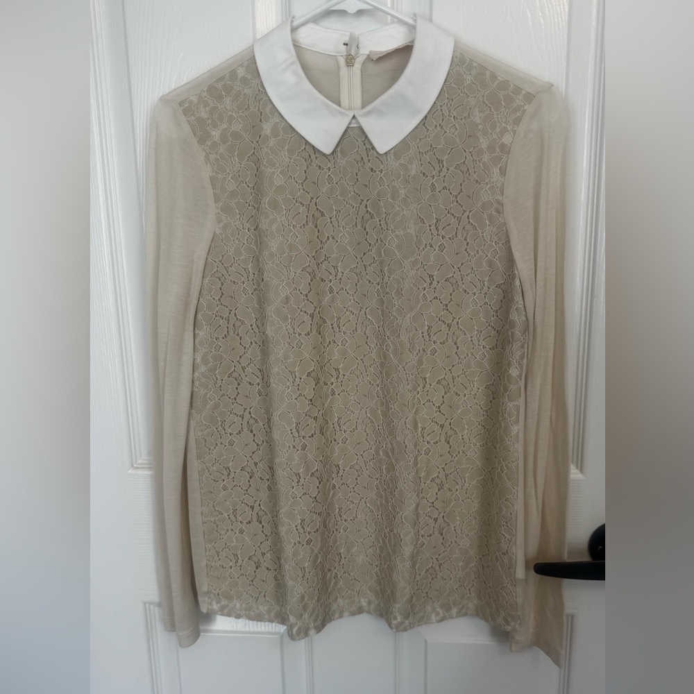 Tory Burch Beige Lace Blouse with White Collar